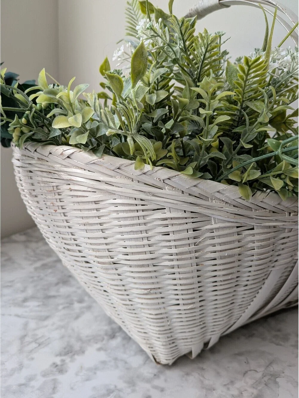 Vintage double-hooped arched handle white-washed basket picnic flower gathering